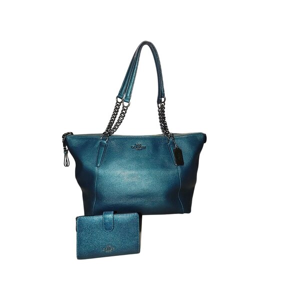 Coach Ava Chain Leather Shoulder Bag Wallet Set Metallic Teal Turquoise Nickle - Picture 15 of 15